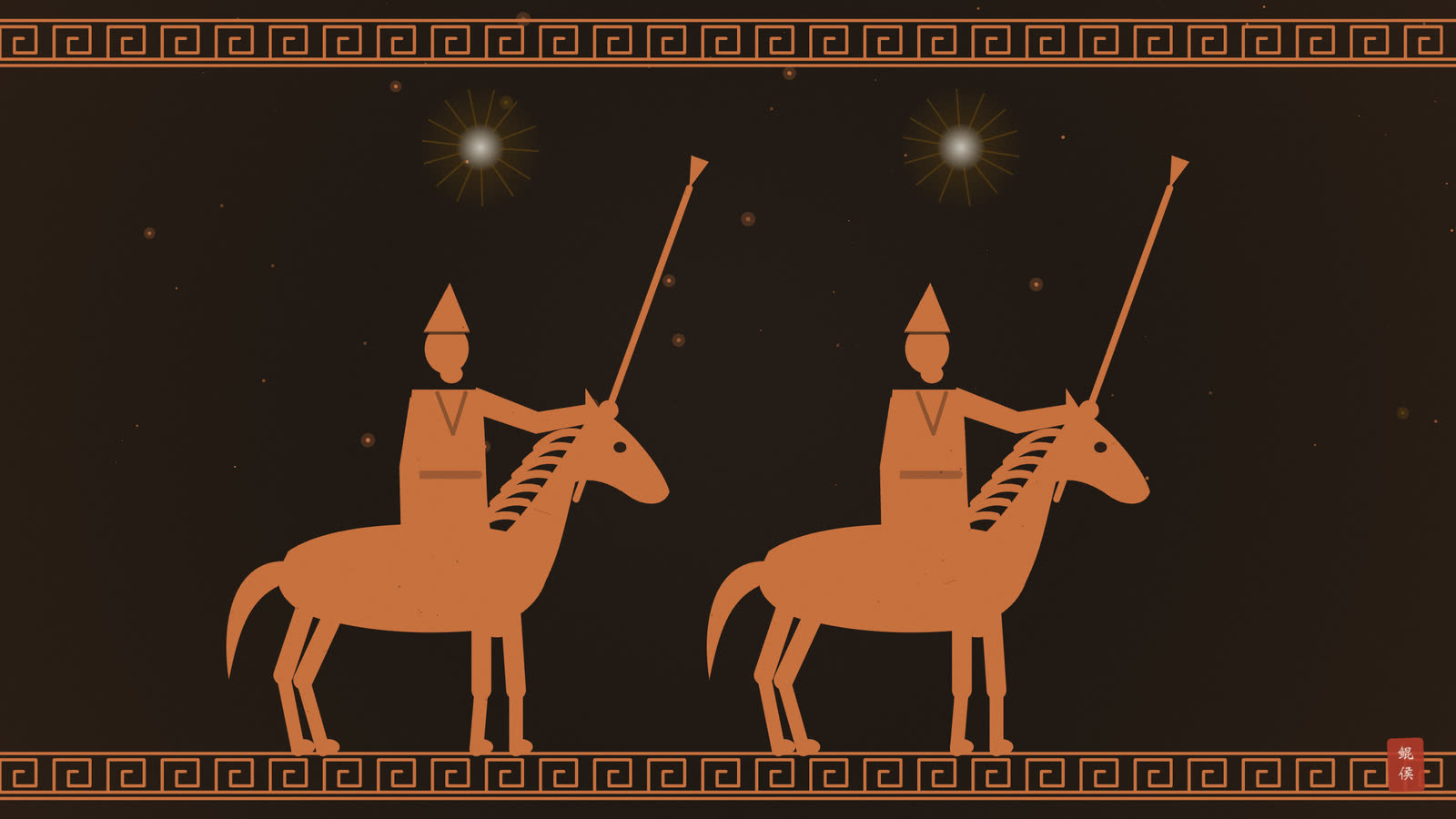 红像陶瓶画:双子神兄弟并骑骏马,头顶各悬一星