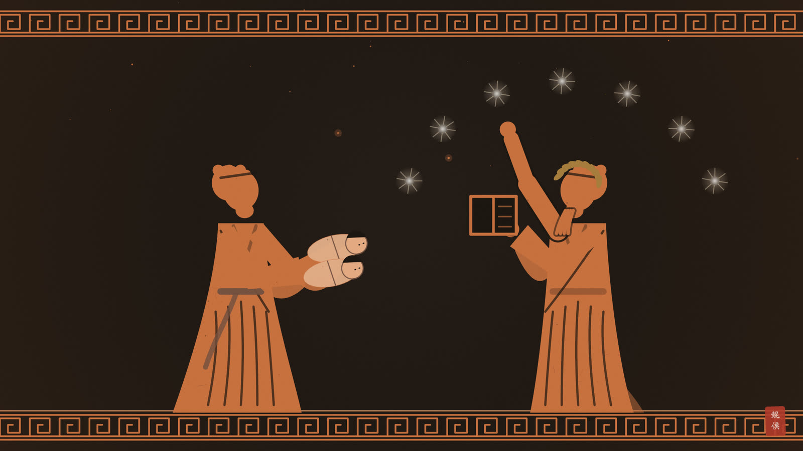 红像陶瓶画:产婆抱一对双生婴儿,旁人仰观星空计时