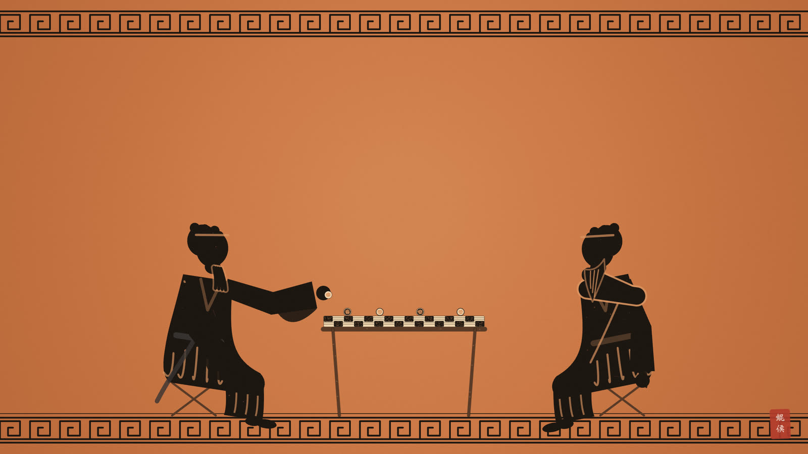 黑像陶瓶画:两人对坐棋盘两侧,一人执子欲落,一人托腮