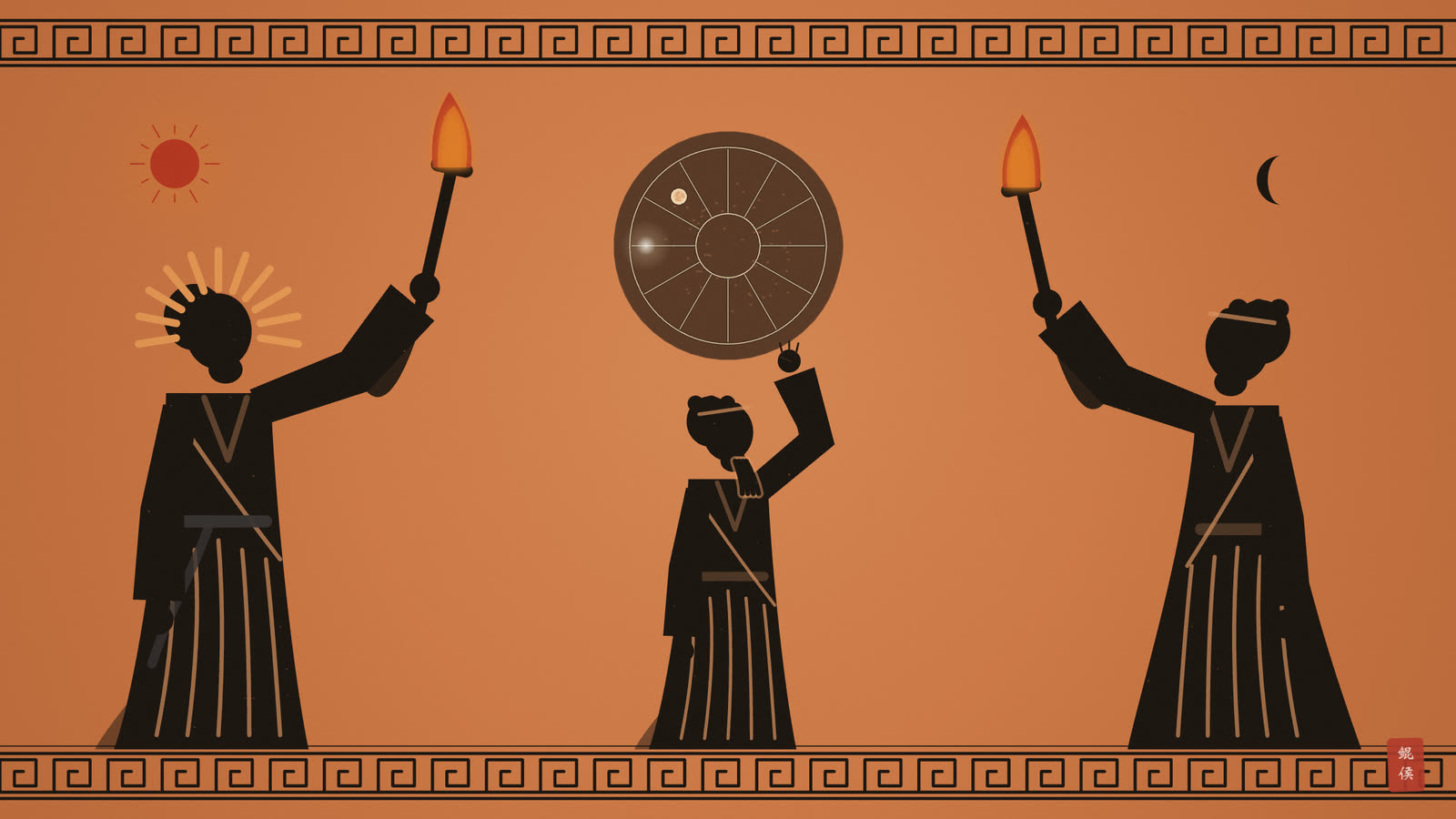 黑像陶瓶画:日神与月神隔着圆盘相对,中间一人屈指计数