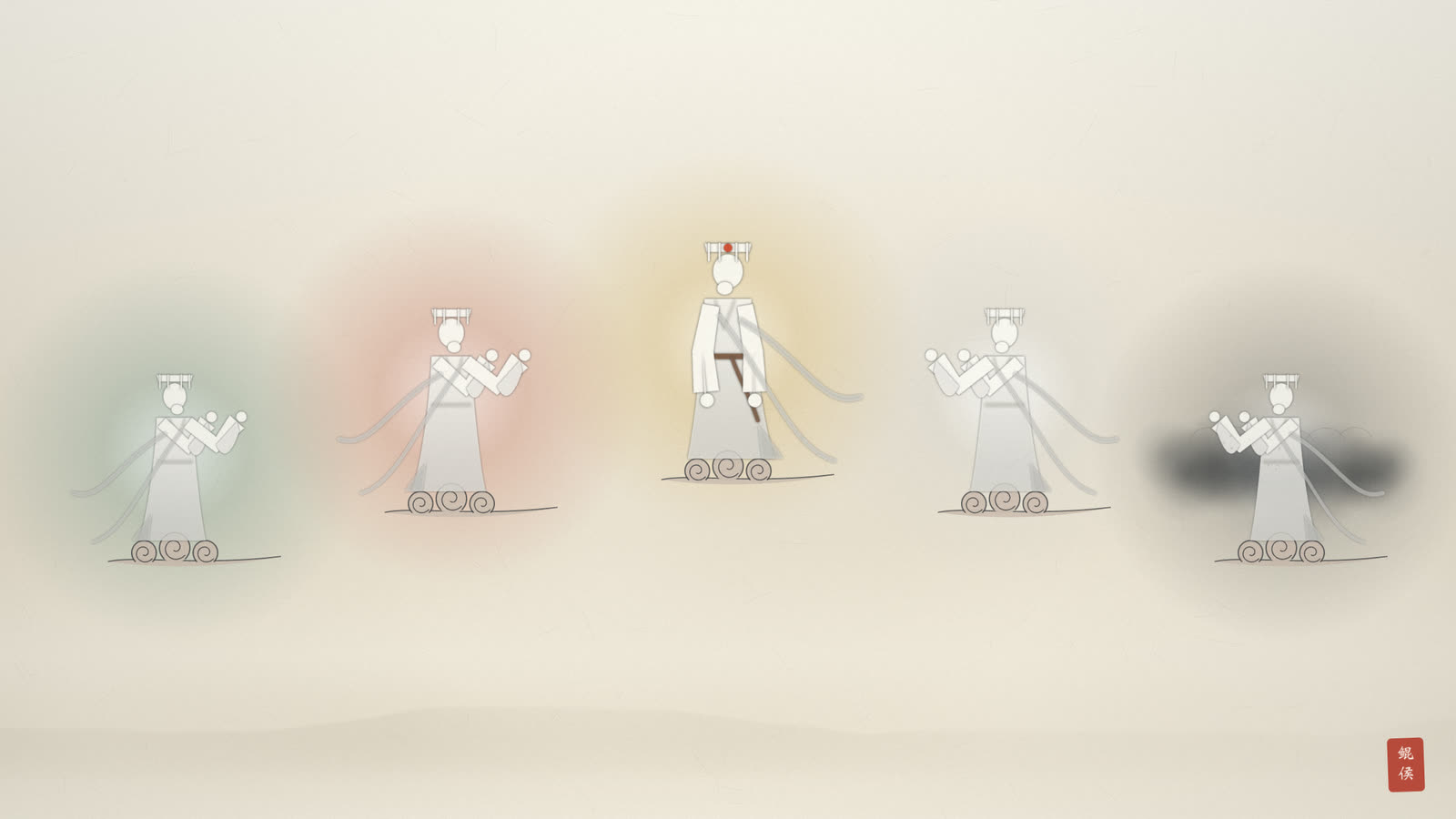 水墨五方天帝立于云端,青赤黄白黑五色分列