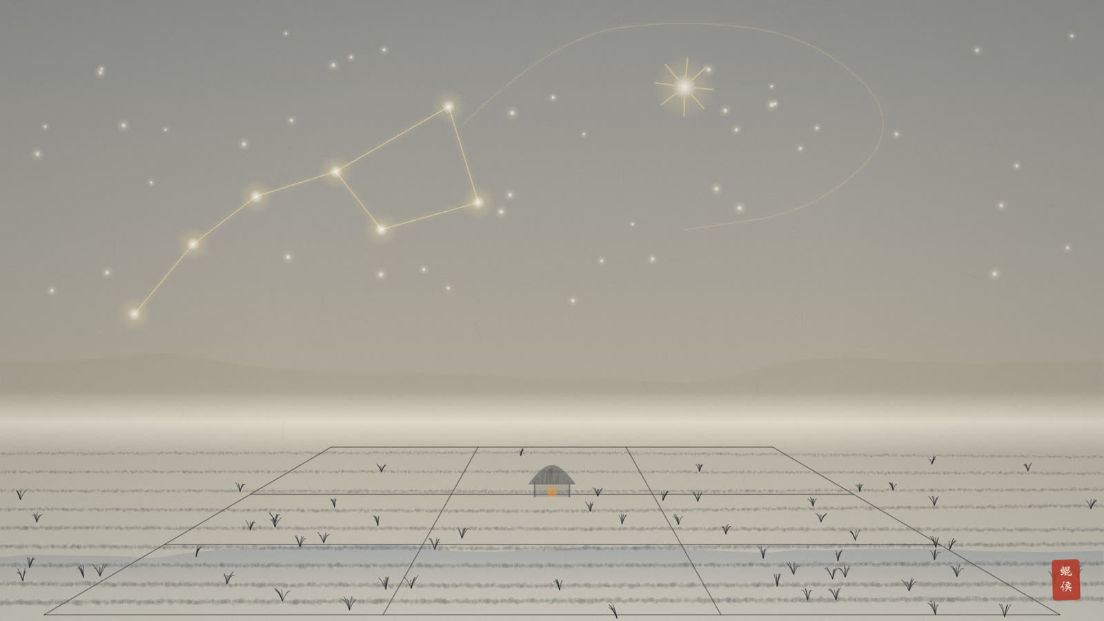水墨星夜北斗环绕北辰,大地上九方田畴如棋盘