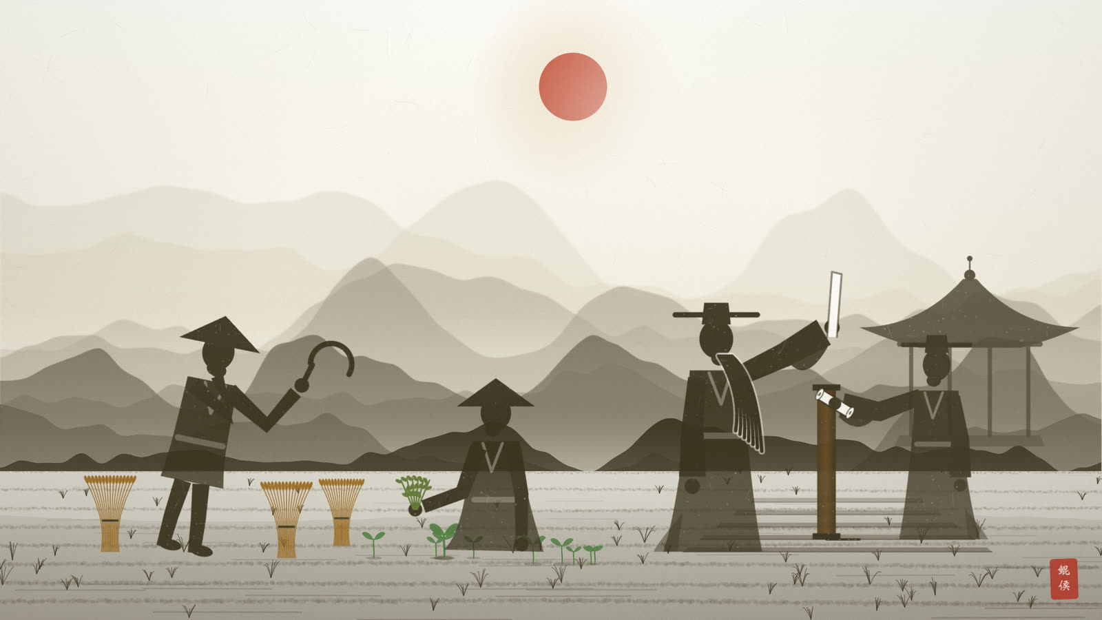 水墨芒种夏至时节农人刈麦插秧与钦天监圭表测日影最短图