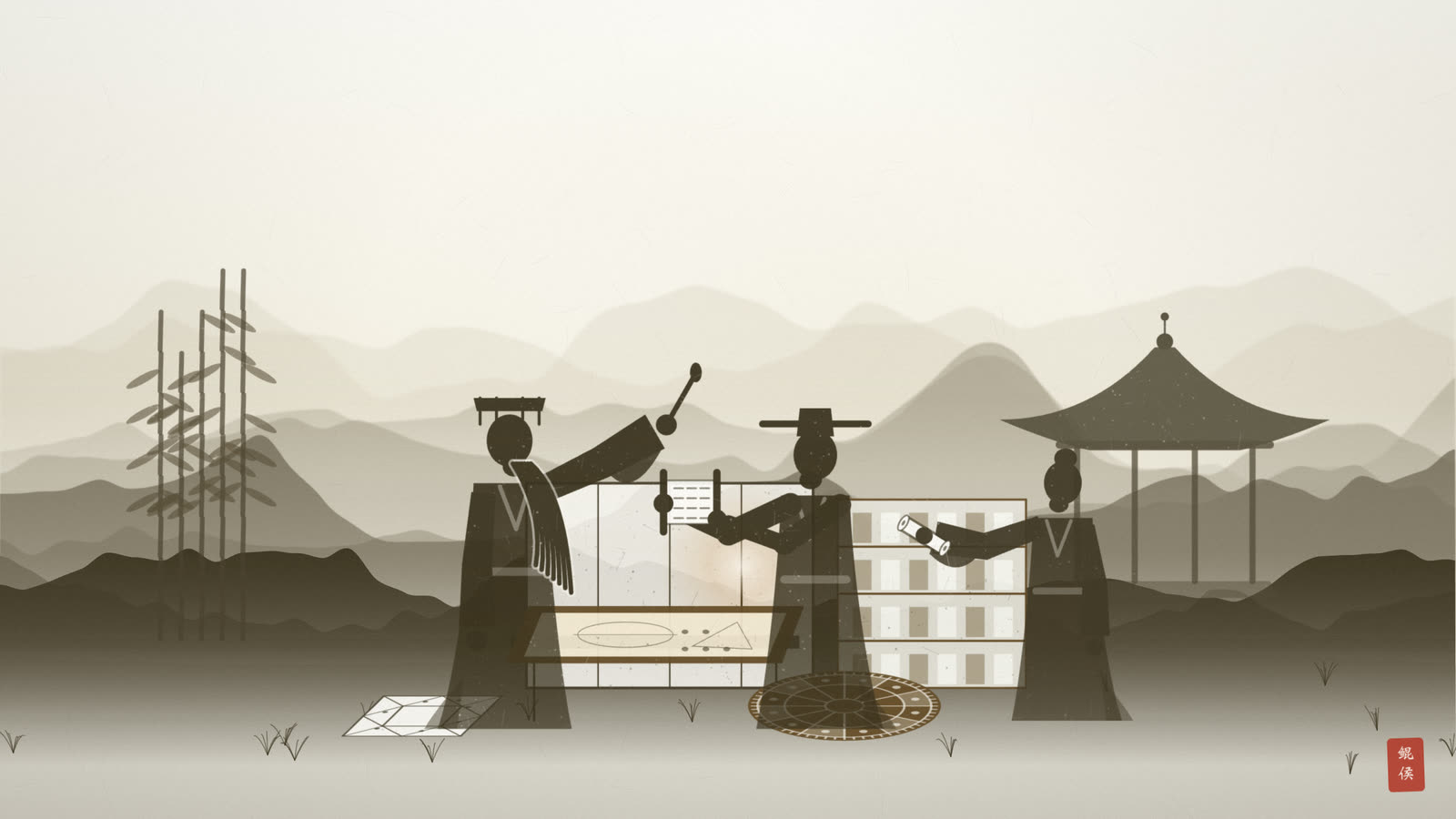 水墨古代天算学者案头绘圆方三角三合方位图推演太岁三煞之象
