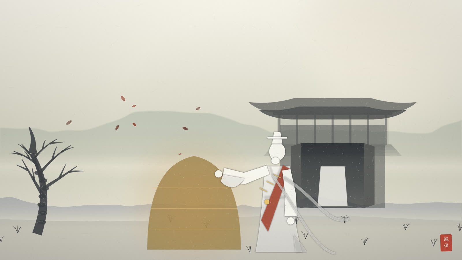 水墨荒寺二层门内,一口铜钟扎在地上,唐僧手抚铜钟感叹
