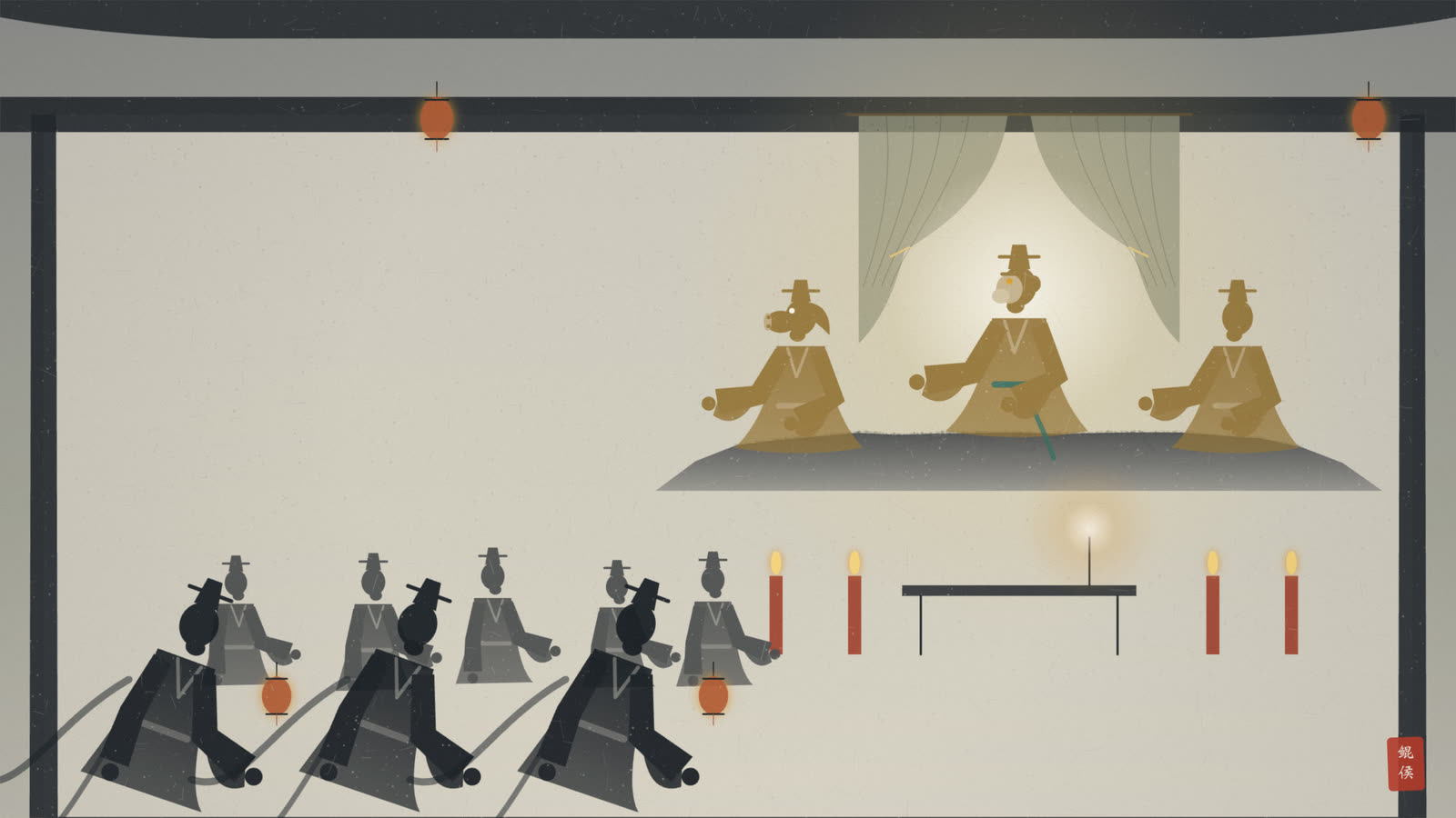 水墨三清殿灯火通明,三尊神像端坐高台,众道士执灯跪拜祷祝