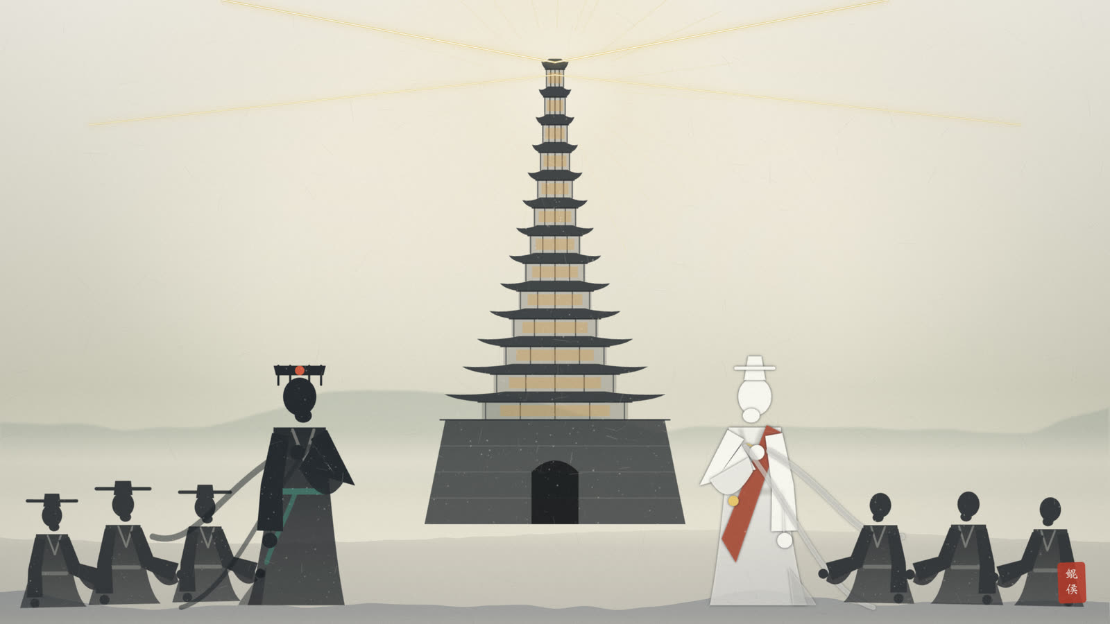水墨十三层宝塔重放霞光,瑞气千条,君臣僧众仰望