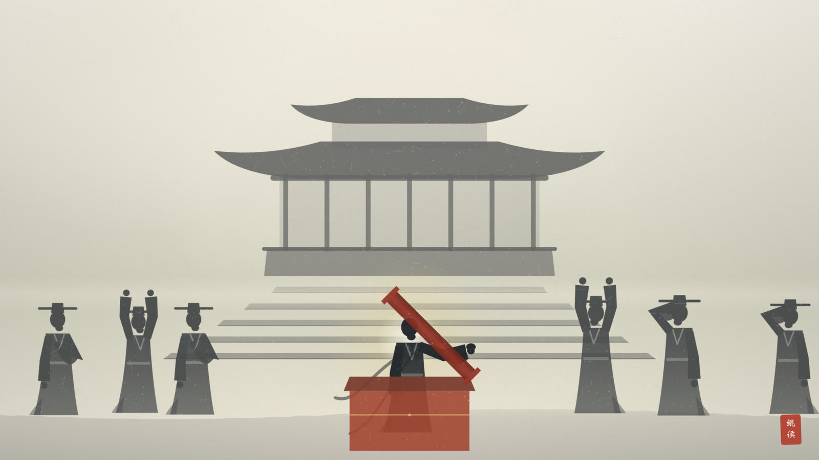 水墨金殿阶前,光头小童顶开红漆柜盖,敲着木鱼念佛钻出