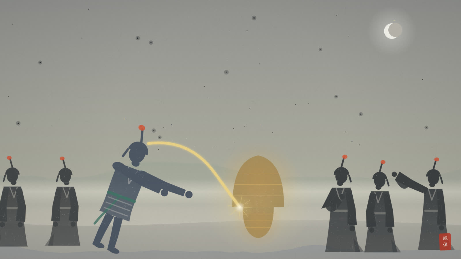 水墨夜色里众星神围着金铙,一位星官以长角伸进铙缝