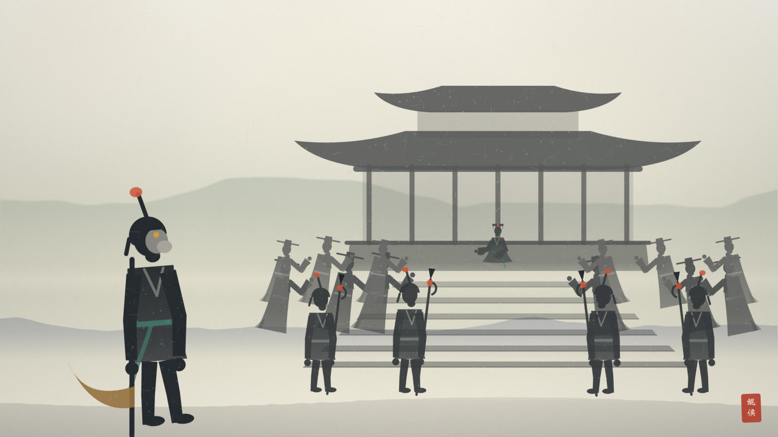 水墨金銮殿上百官定立如木偶,行者昂然挺立阶前不拜