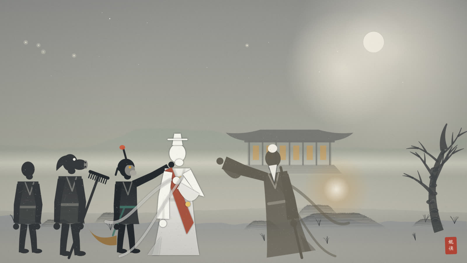 水墨月下祇园旧基,碎石墙脚,百岁老僧拄竹杖,唐僧师徒静听啼哭