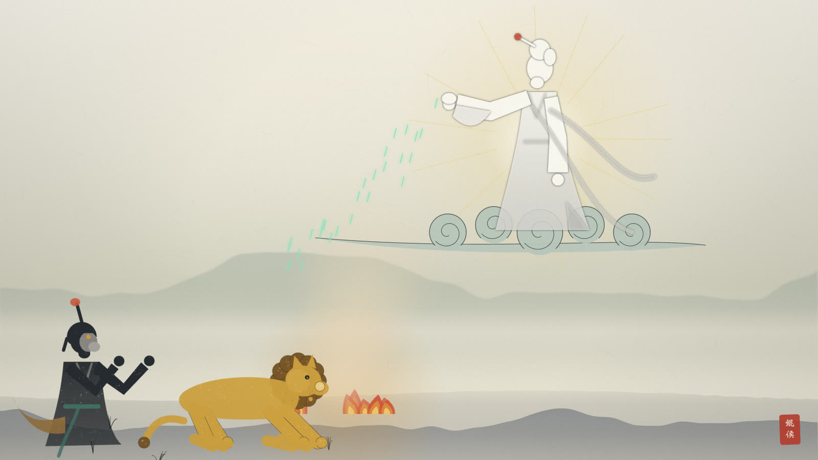水墨半空观音托净瓶洒甘露灭火,金毛犼伏地,猴王合掌下拜
