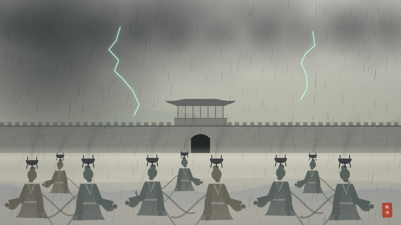 水墨凤仙郡上空雷电交加,大雨倾盆,满城百姓顶香炉跪地