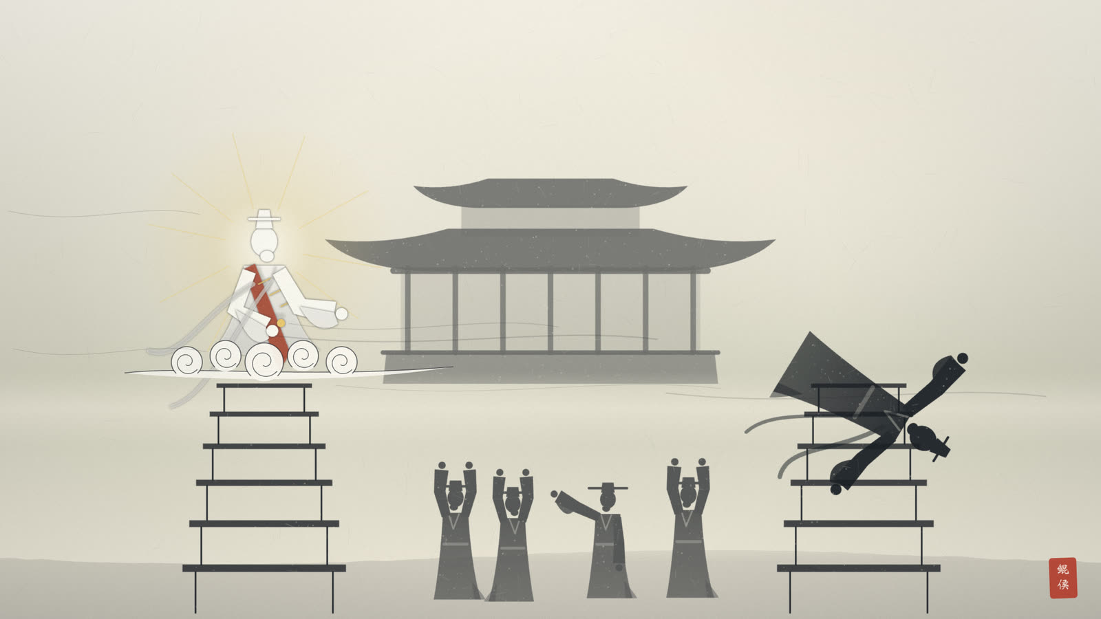水墨殿前两座百桌高台,唐僧合掌端坐云端,对台道士翻身跌落