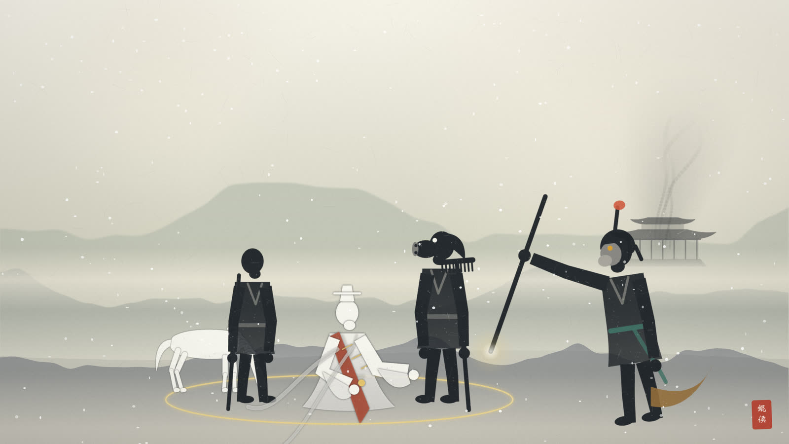 水墨雪山平地,行者以金箍棒画圈,唐僧端坐圈中,两徒侍立