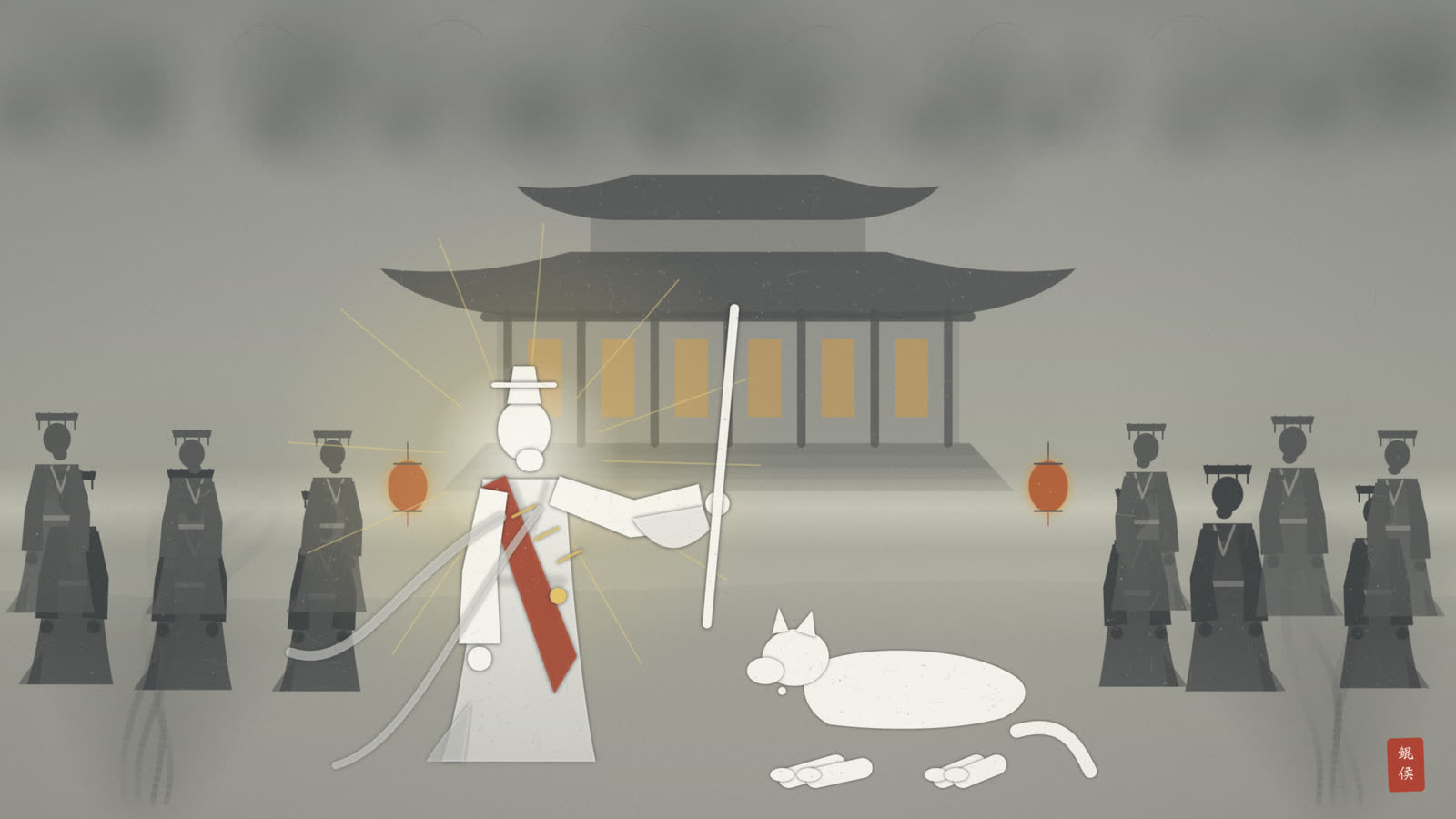 水墨幽冥森罗殿庭院,神兽谛听俯伏于地,地藏与十王肃立