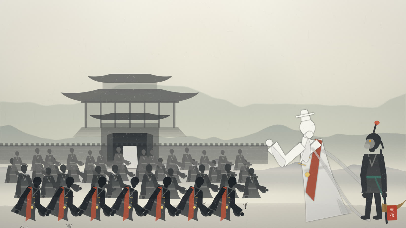 水墨宝林寺山门外,五百僧人披袈裟排班跪迎,唐僧合掌