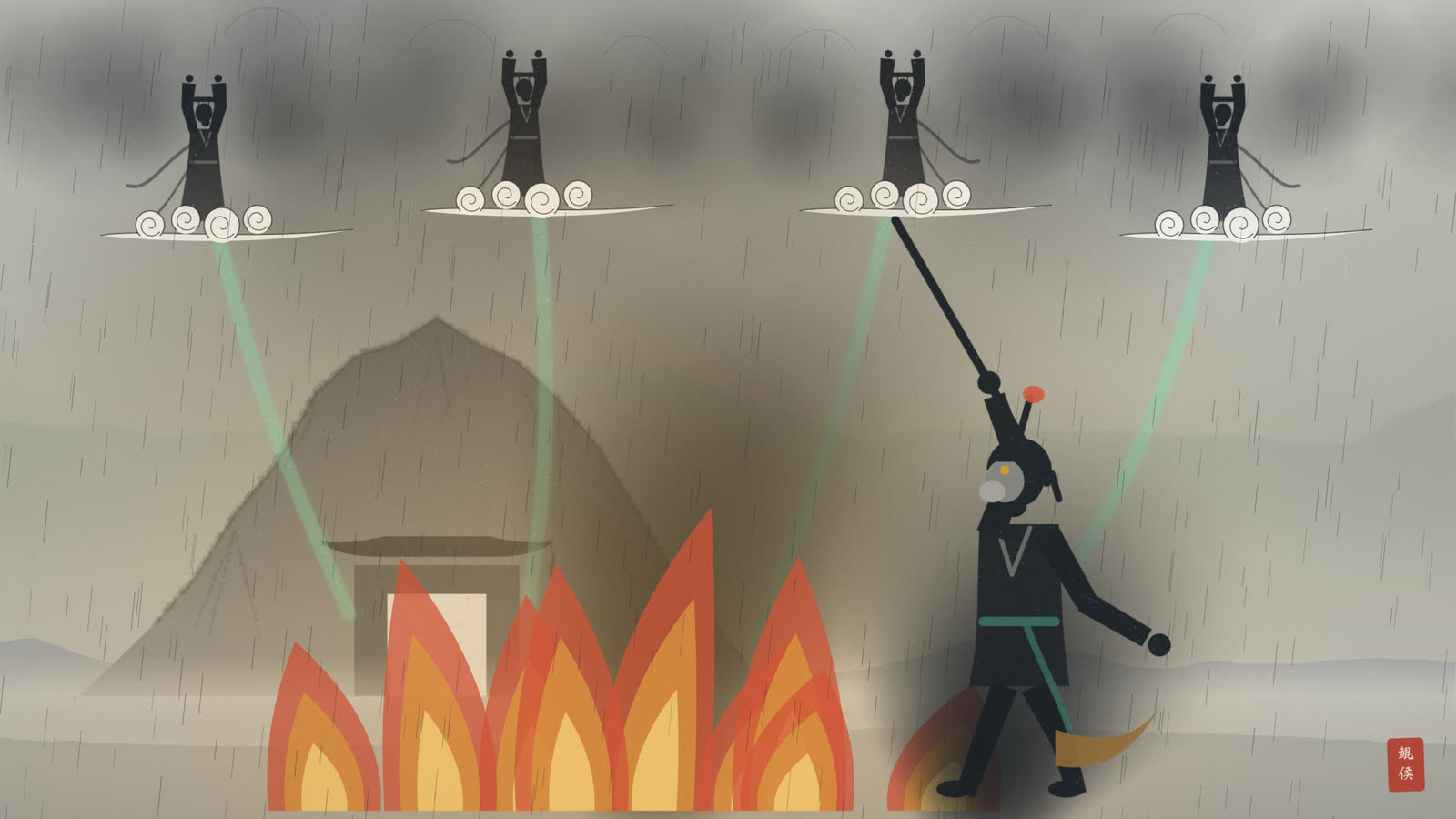 水墨云端四海龙王倾雨入火云洞烈焰,行者执棒立于烟火中