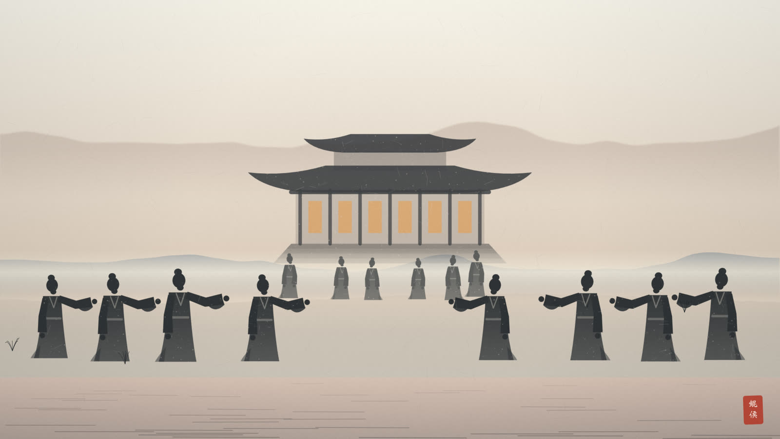 水墨大地上一片湖泽,四方之人携祭品汇聚到宗庙前