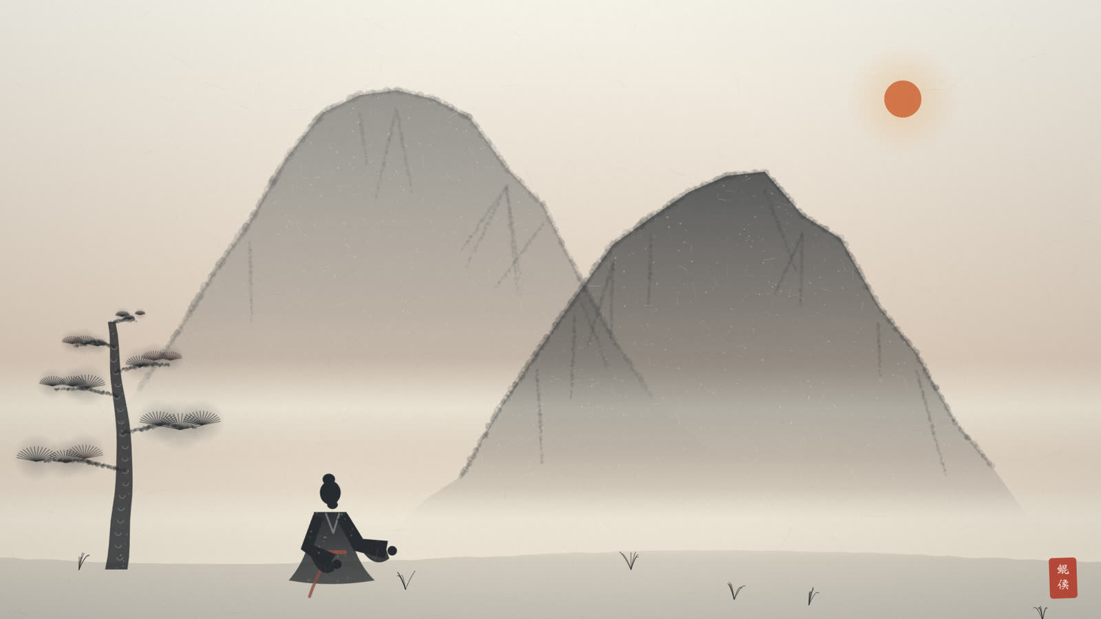水墨两重高山层叠静立,山间一人背身静坐