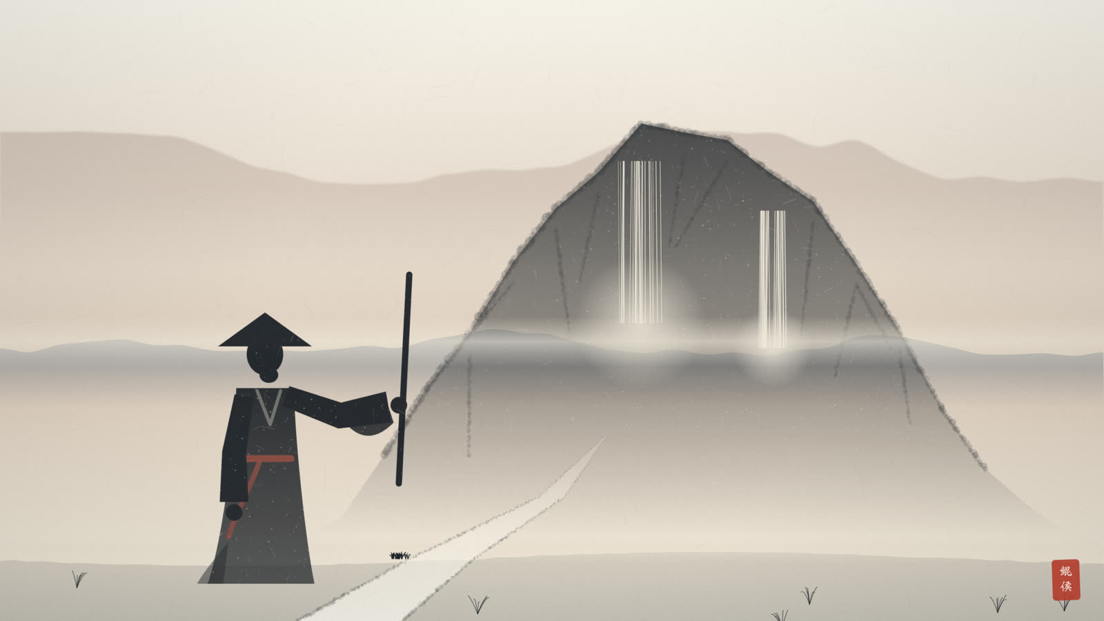 水墨陡峭山路上方积水横流,一人拄杖止步在山前