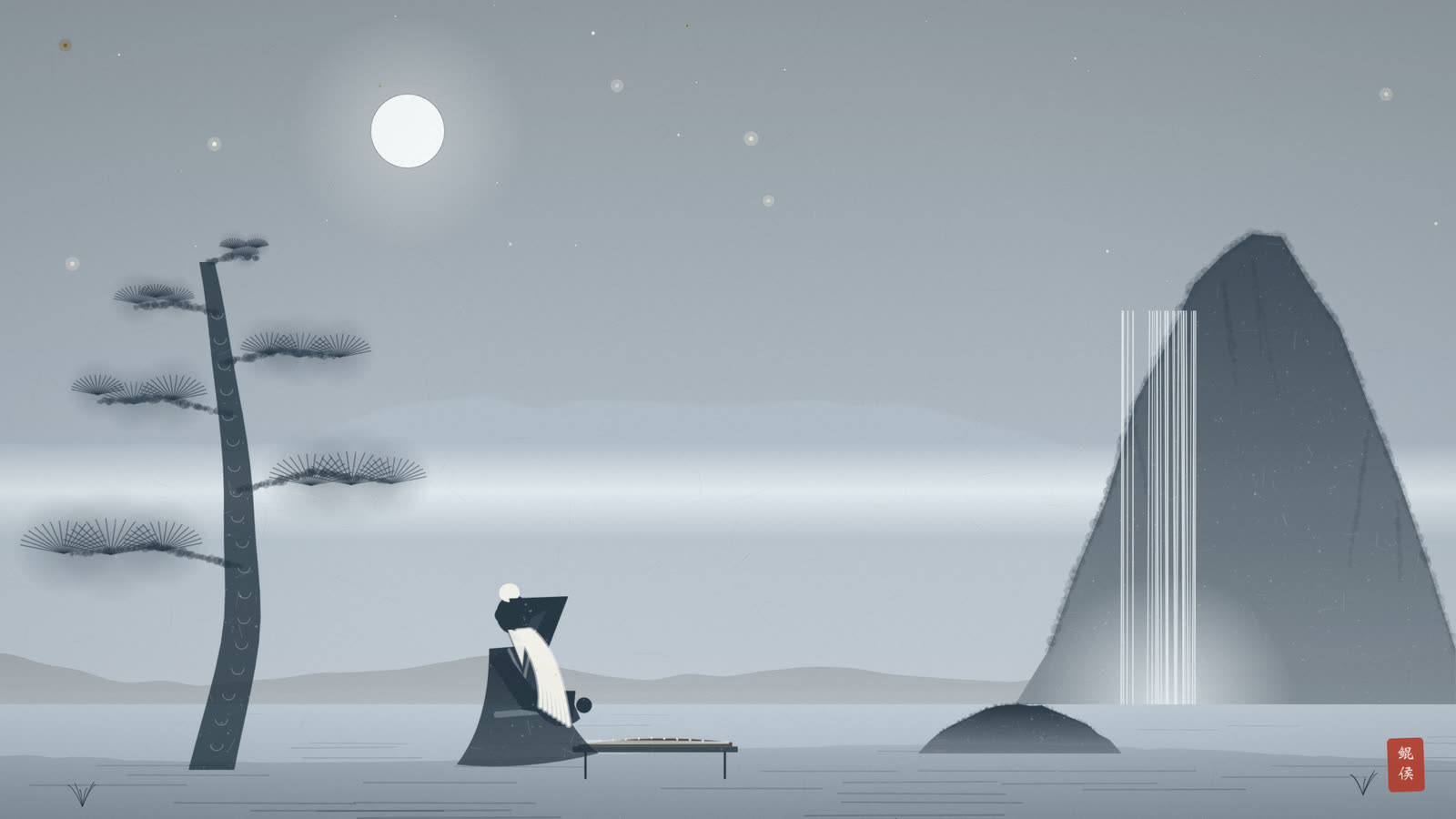 水墨月夜松下,盲眼老琴师侧耳静听山泉