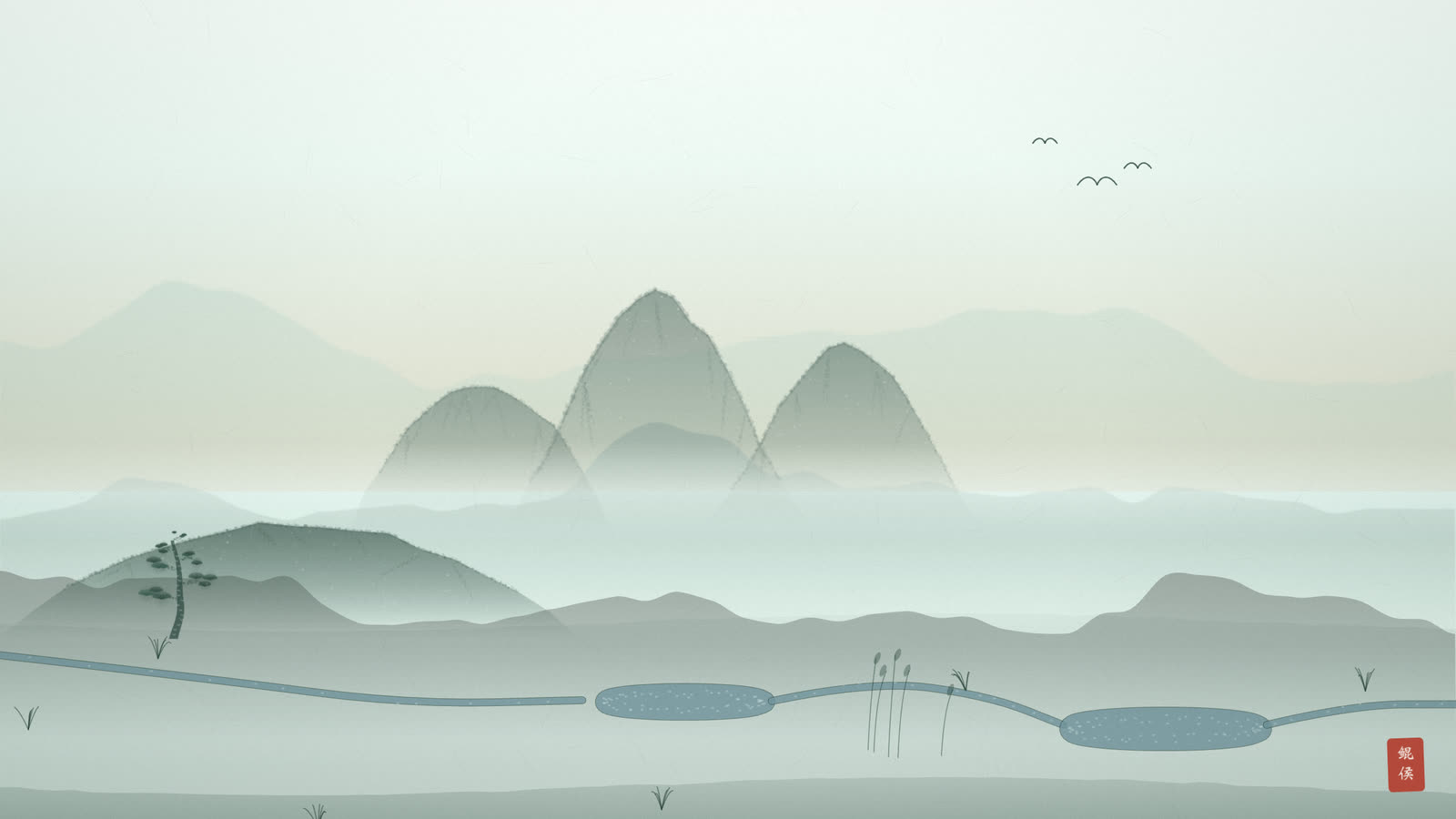 水墨溪水一曲一潭缓缓流过山前,远处群山攒聚