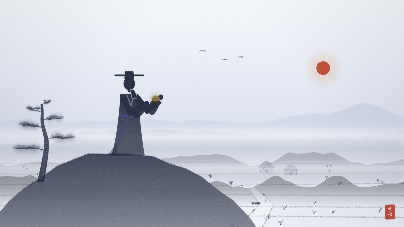 水墨朝阳初升照耀东海城楼,武将在演武场执剑立旗