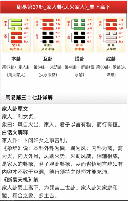周易第 37 卦家人卦（风火家人，巽上离下）详解截图：本卦家人、互卦火水未济、错卦雷水解、综卦火泽睽，下附家人卦原文、白话文解释与《断易天机》解