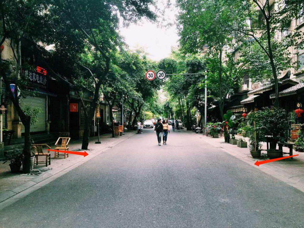 林荫街道实景：马路两侧都有商铺，左侧门前人行道较宽、摆着竹椅，右侧门前人行道摆满盆栽，两个红色箭头分别指向两侧人行道