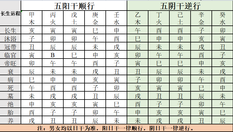 十天干十二长生表：左半为五阳干顺行（甲丙戊庚壬），右半为五阴干逆行（乙丁己辛癸），行为长生至养十二阶段，底部注明男女均以日干为准