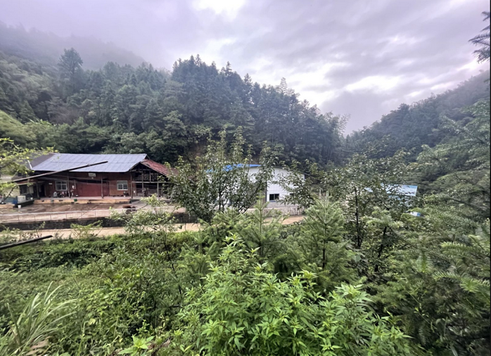 别墅正北方：地势向下凹陷，杂树丛生的低洼处外是几栋平房，背后是被云雾笼罩的山林