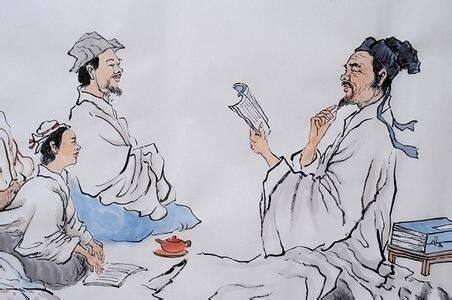 国画风格插图：一位长须古人手持书卷讲解，对面几位弟子席地而坐聆听，旁有茶壶与书函