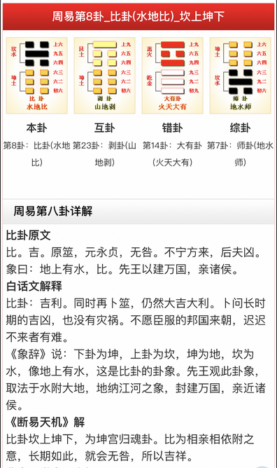 周易第 8 卦比卦（水地比，坎上坤下）详解截图：本卦比、互卦山地剥、错卦火天大有、综卦地水师，下附比卦原文、白话文解释与《断易天机》解