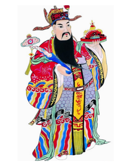 文财神画像：头戴官帽、长须，身着五彩花纹官袍，一手持如意，一手托聚宝盆
