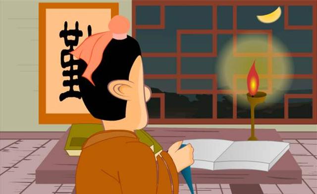 卡通插图：古代书生夜里在窗前烛光下读书，窗外一弯新月